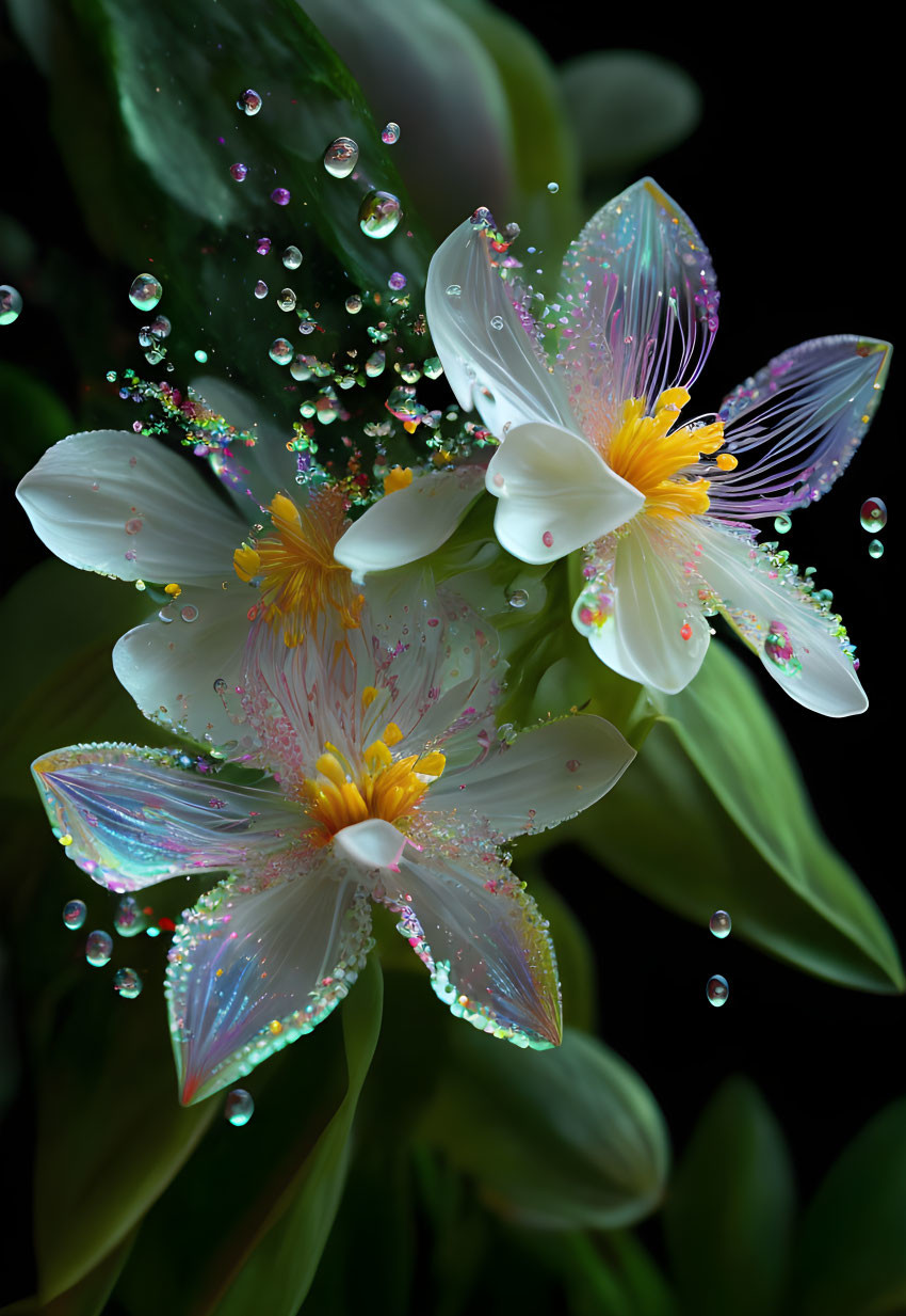 Iridescent white flowers with dewdrops on dark background