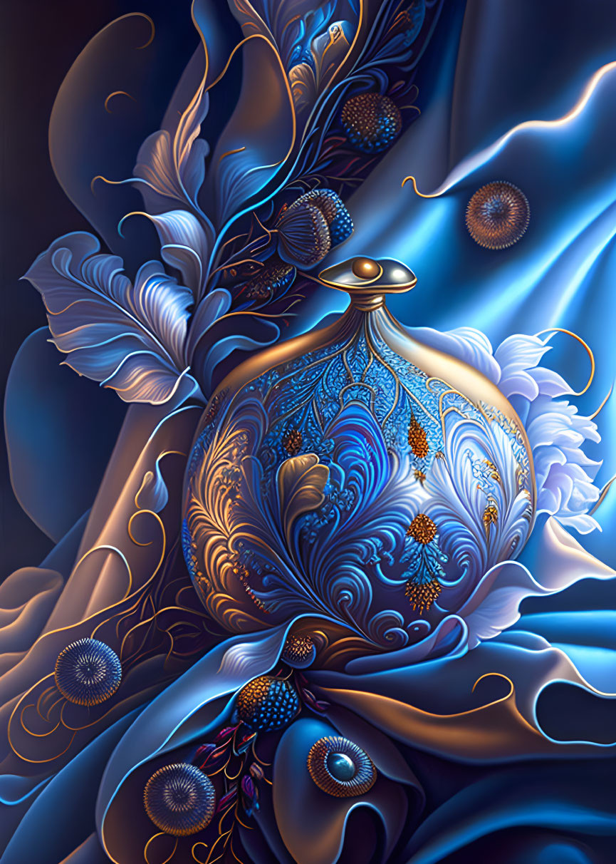 Intricate surreal bottle with blue and gold feathers and swirls