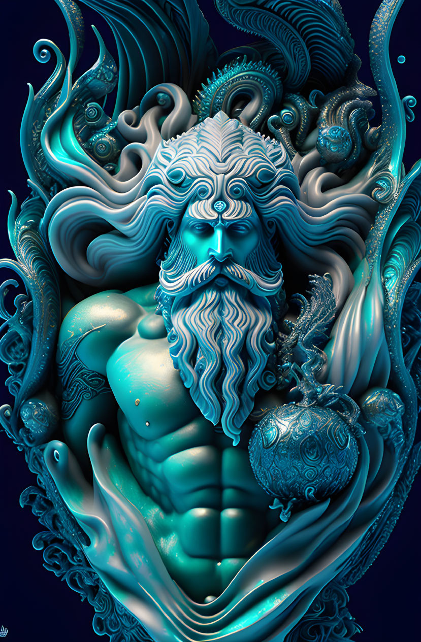 Detailed artwork: Bearded figure with swirling blue patterns and textures holding an ornate sphere