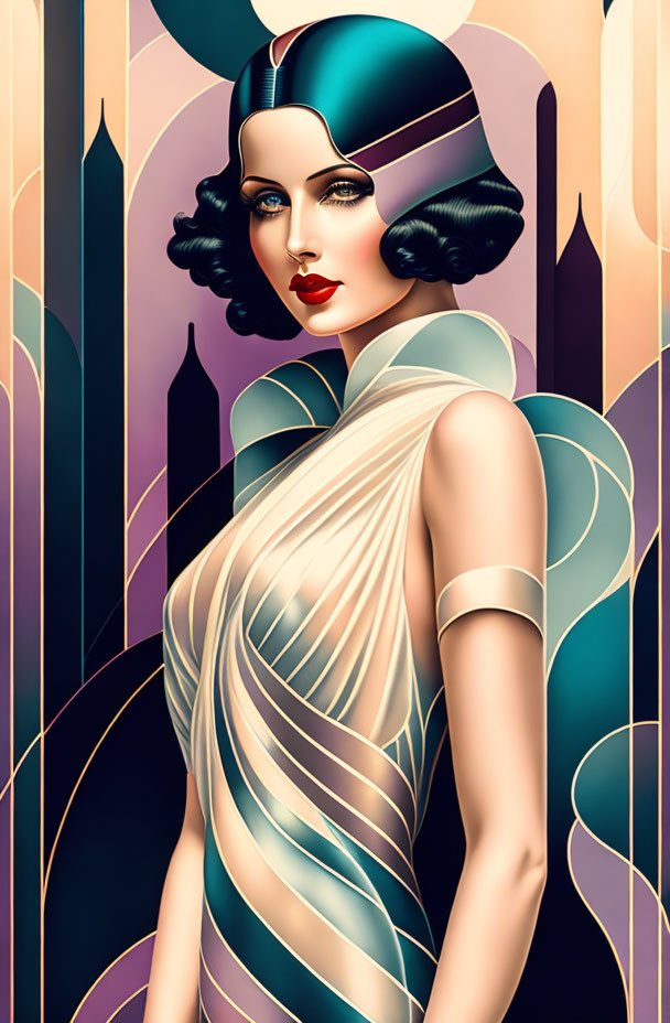 Art Deco Style Woman Illustration with Bobbed Hair and Draped Gown