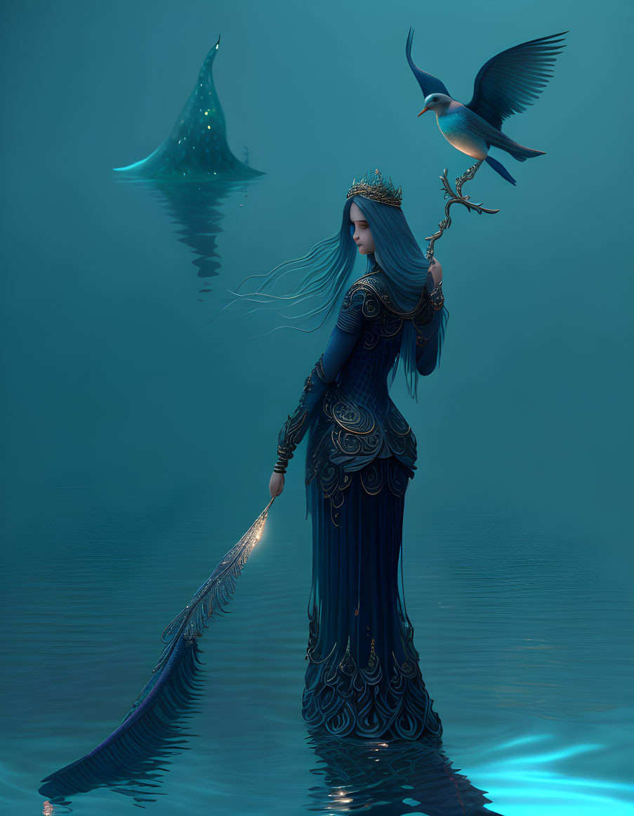 Fantastical image of elegant woman in blue robes with staff, bird, and glowing manta ray