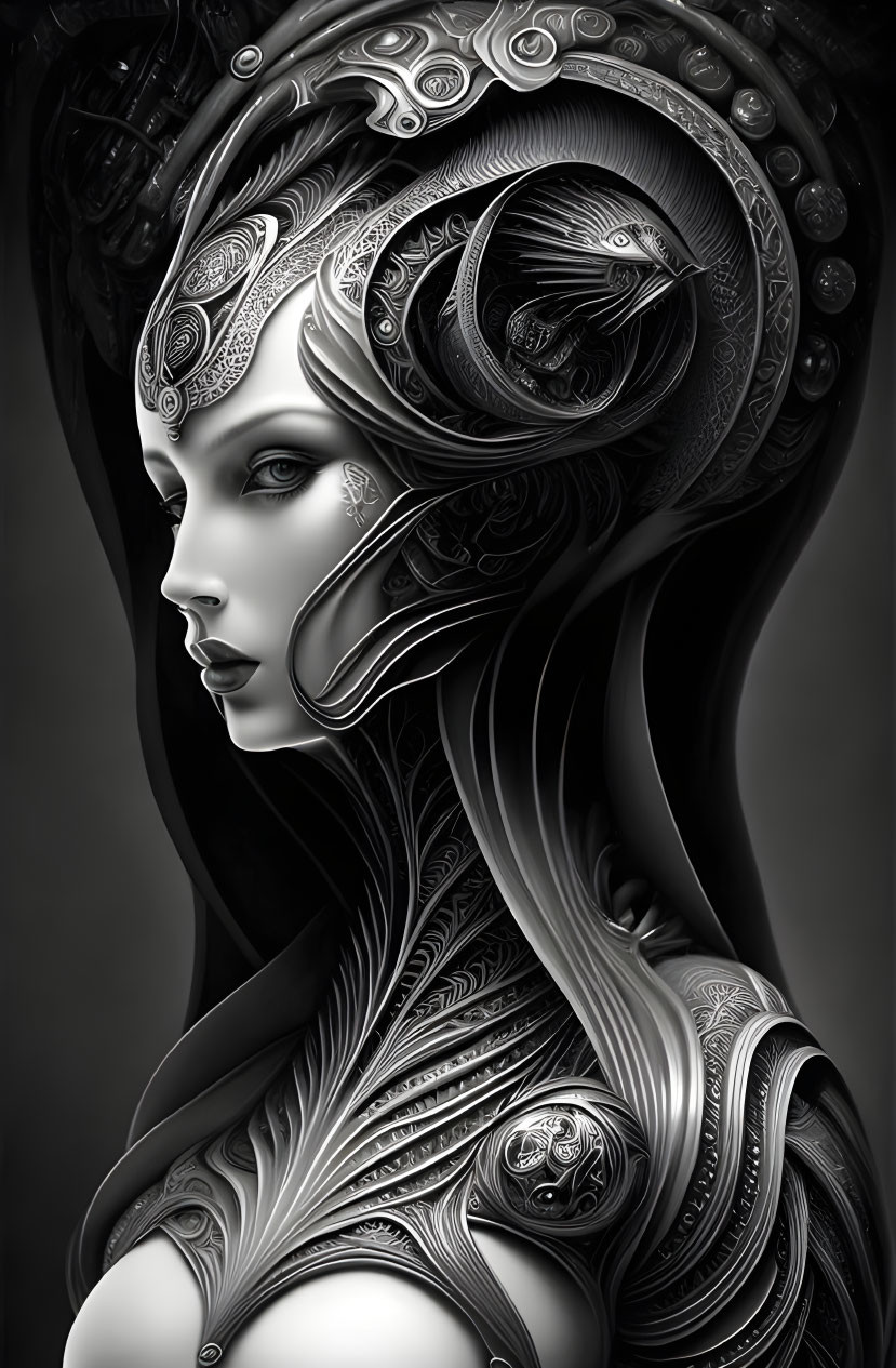 Monochromatic image of woman in futuristic metallic headgear and filigree attire