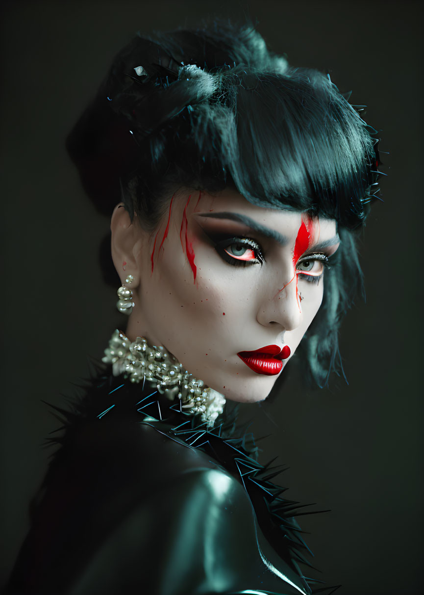 Person with dramatic red streaks makeup and spiked shoulder garment against dark background