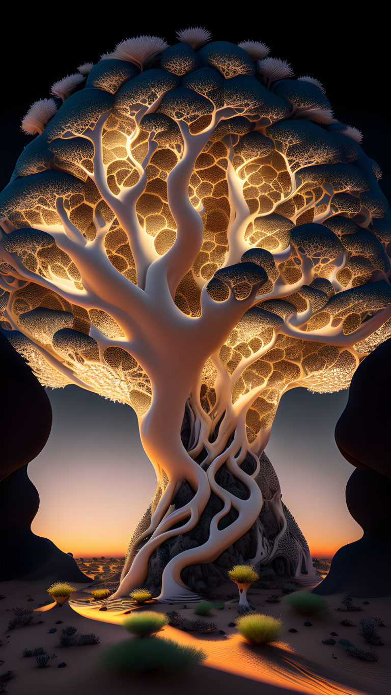 Surreal luminous tree in desert landscape at twilight