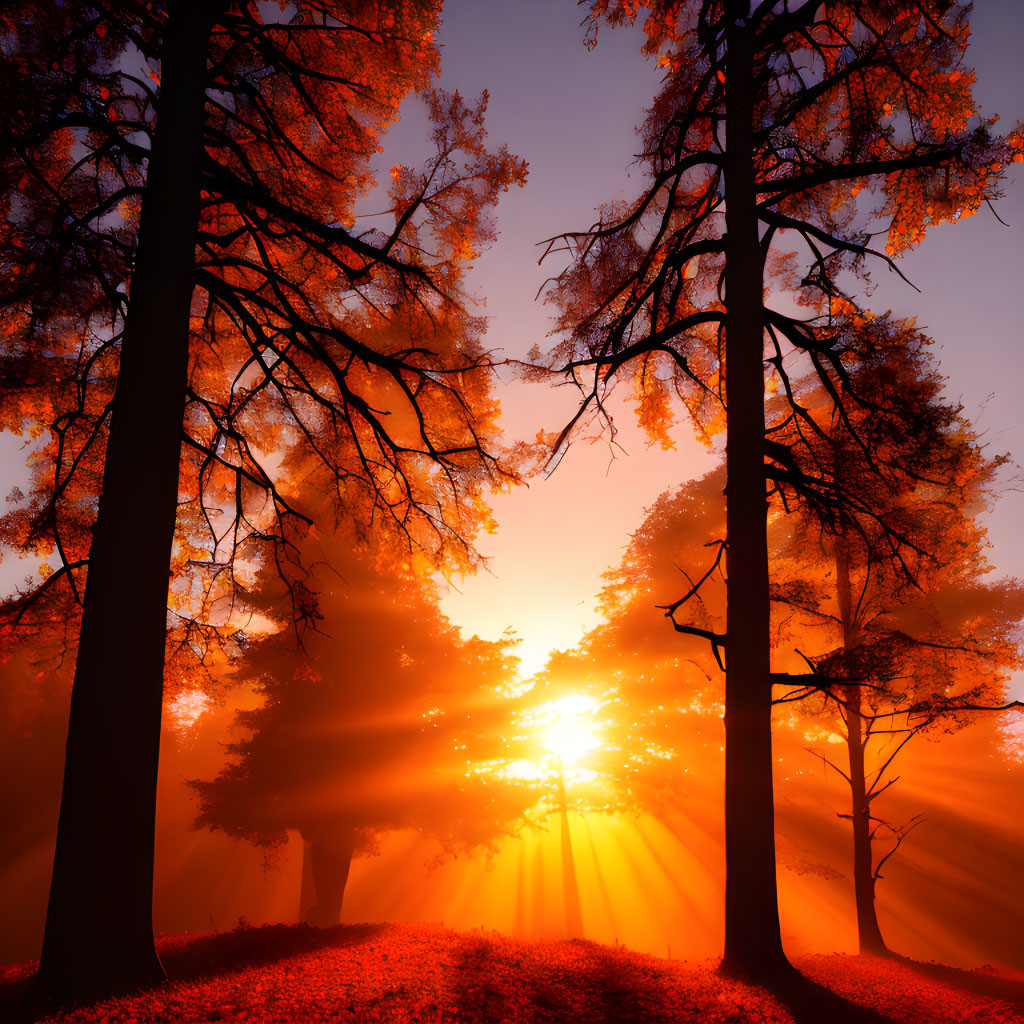 Misty Forest Sunrise with Orange Foliage and Sunlight Filtering Through Trees