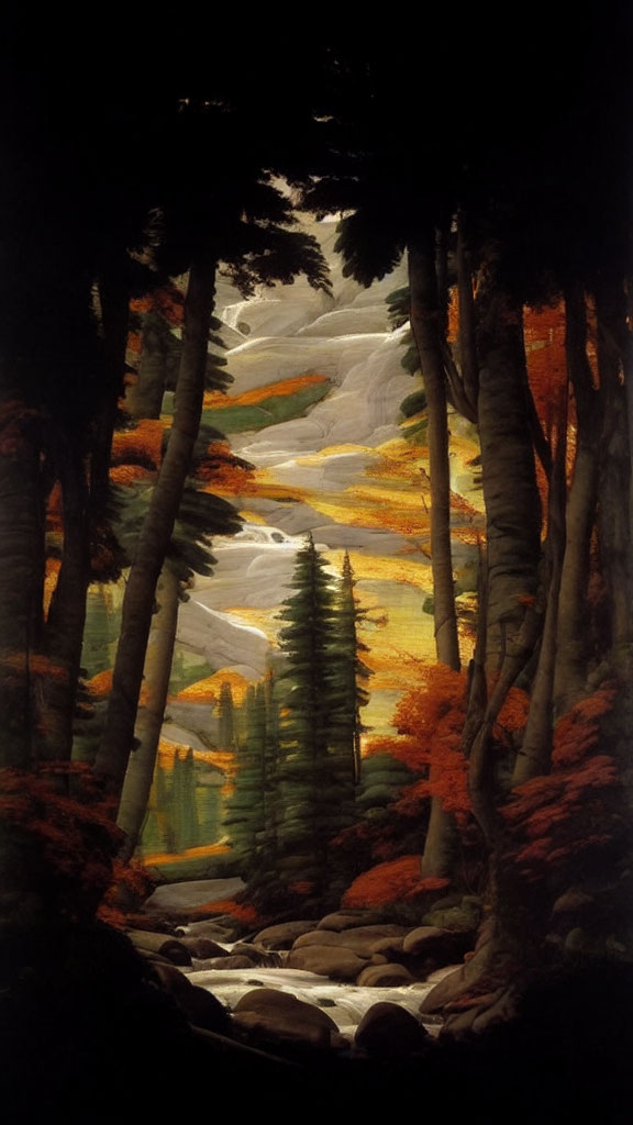 Tranquil forest painting with river, rocks, and autumn foliage