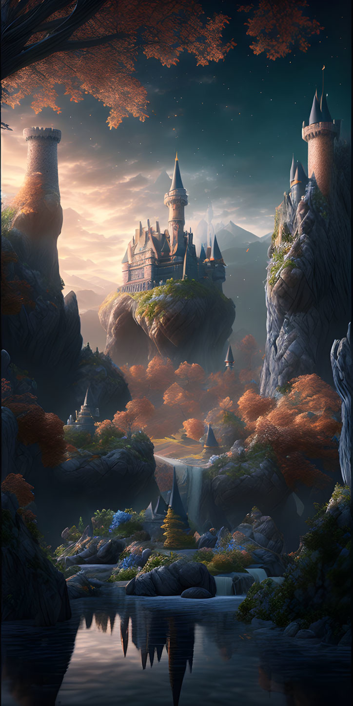 Fantasy castle on floating rocks with autumn trees and waterfalls