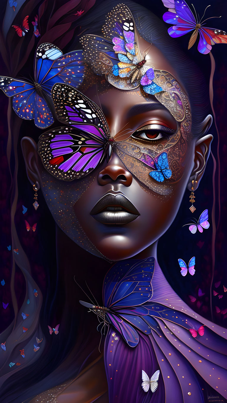 Woman adorned with colorful butterflies and lace patterns in serene setting