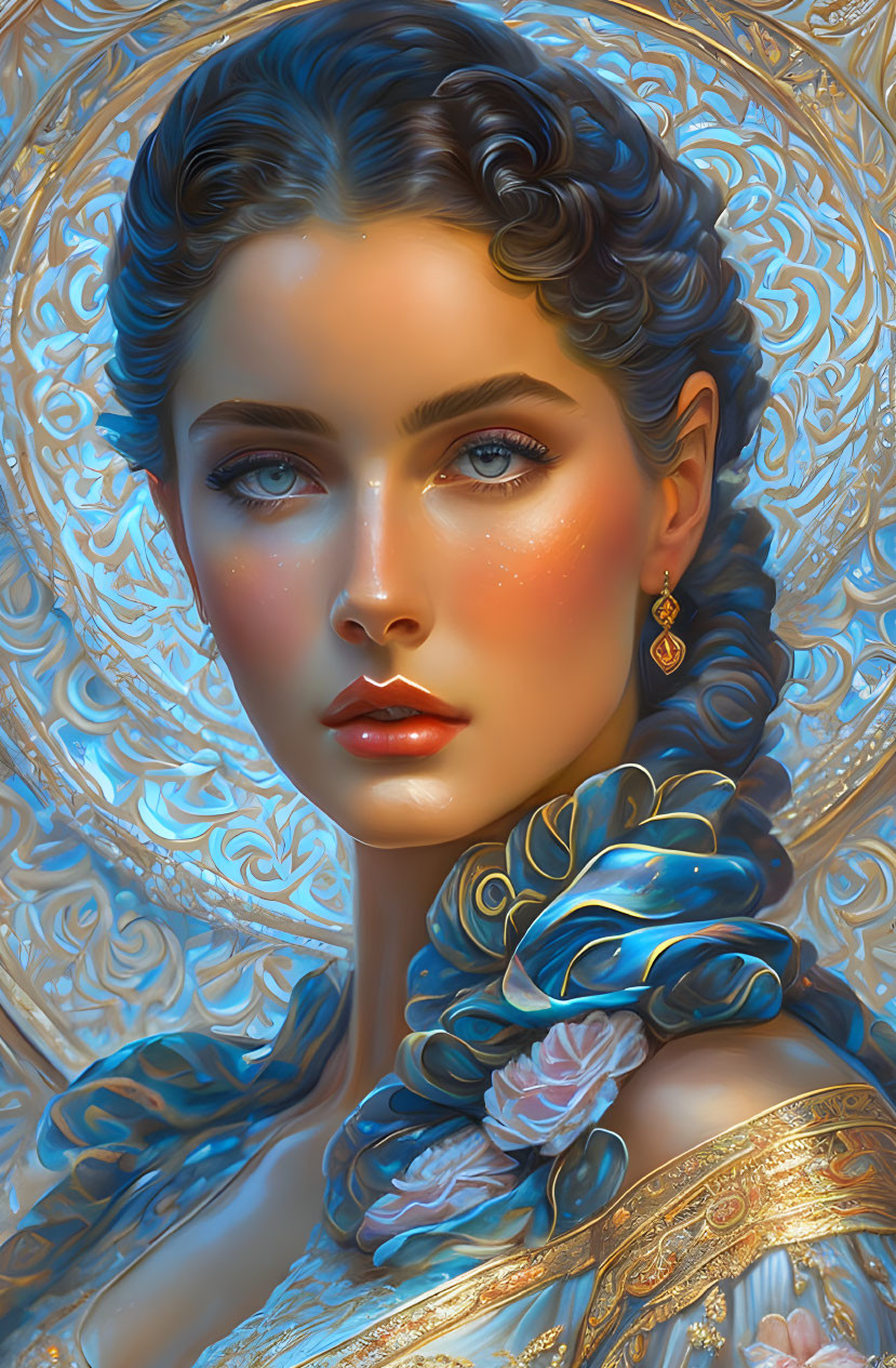 Intricate blue and gold clothing on a woman with braided hair against a golden filigree