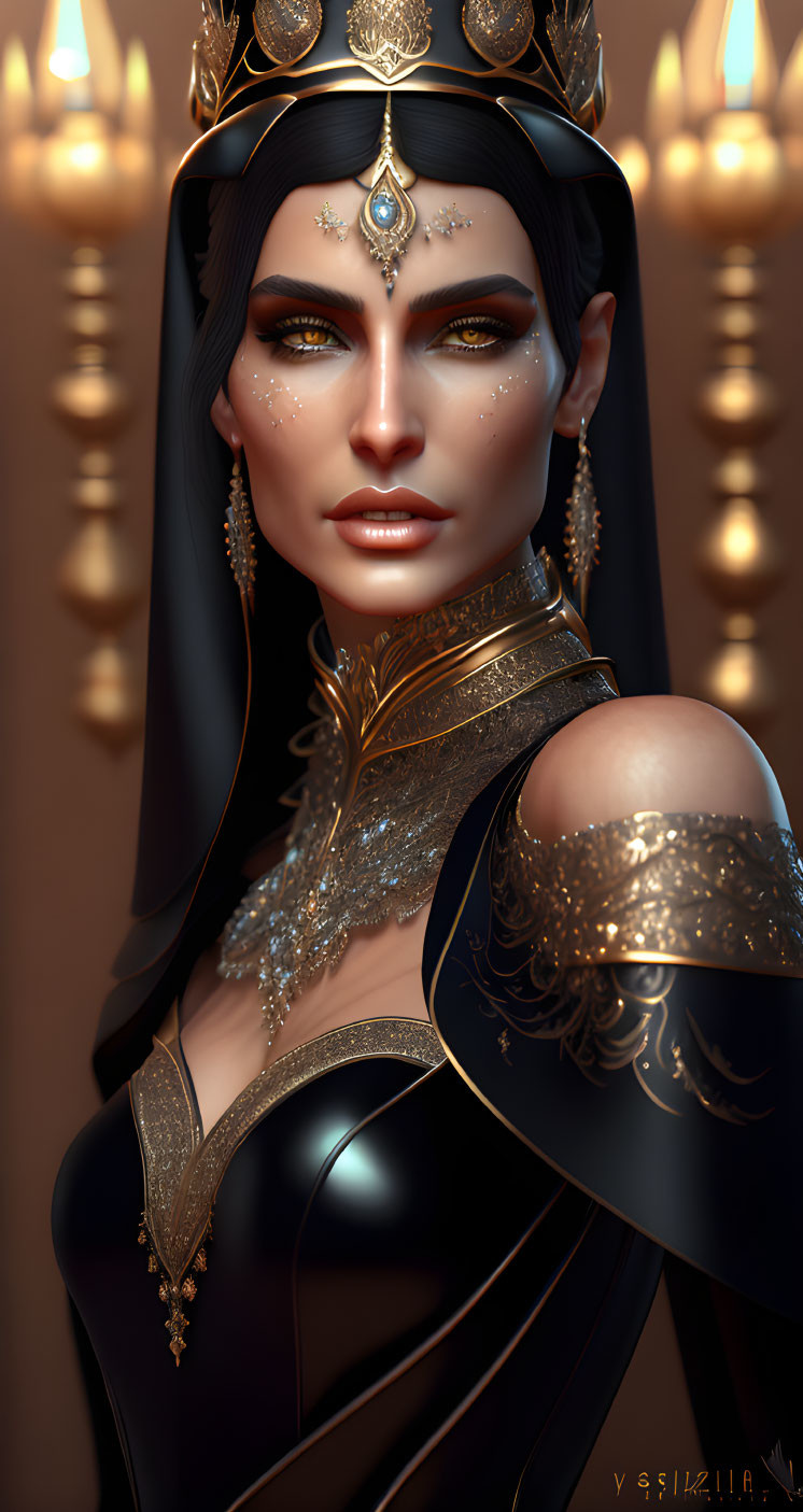 Dark-haired woman in gold crown and jewelry with dramatic makeup