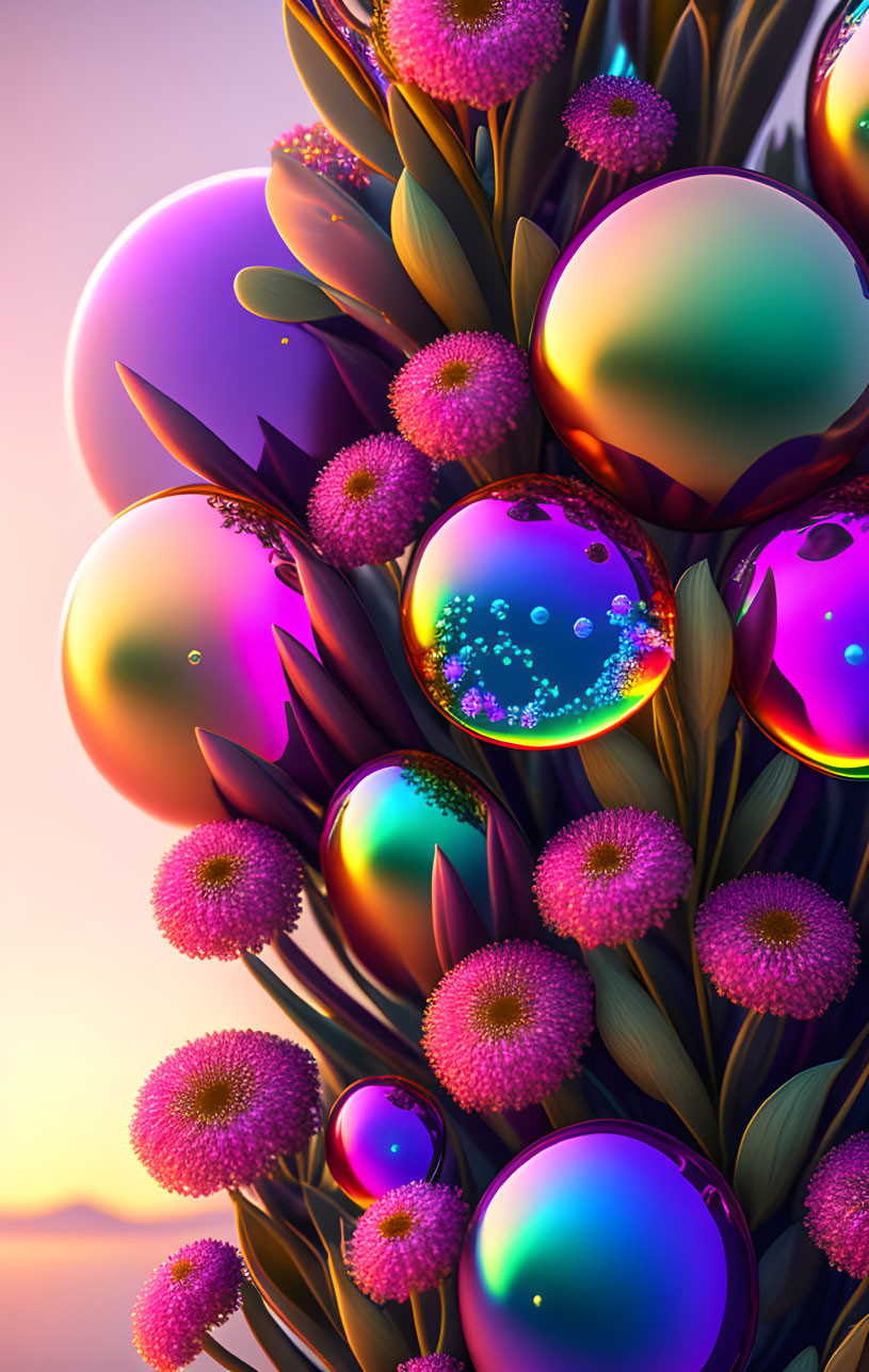 Vibrant spheres with pink blooms and green leaves in sunset setting