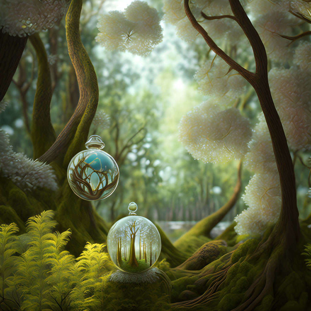 Enchanting forest scene with glowing trees and miniature terrariums