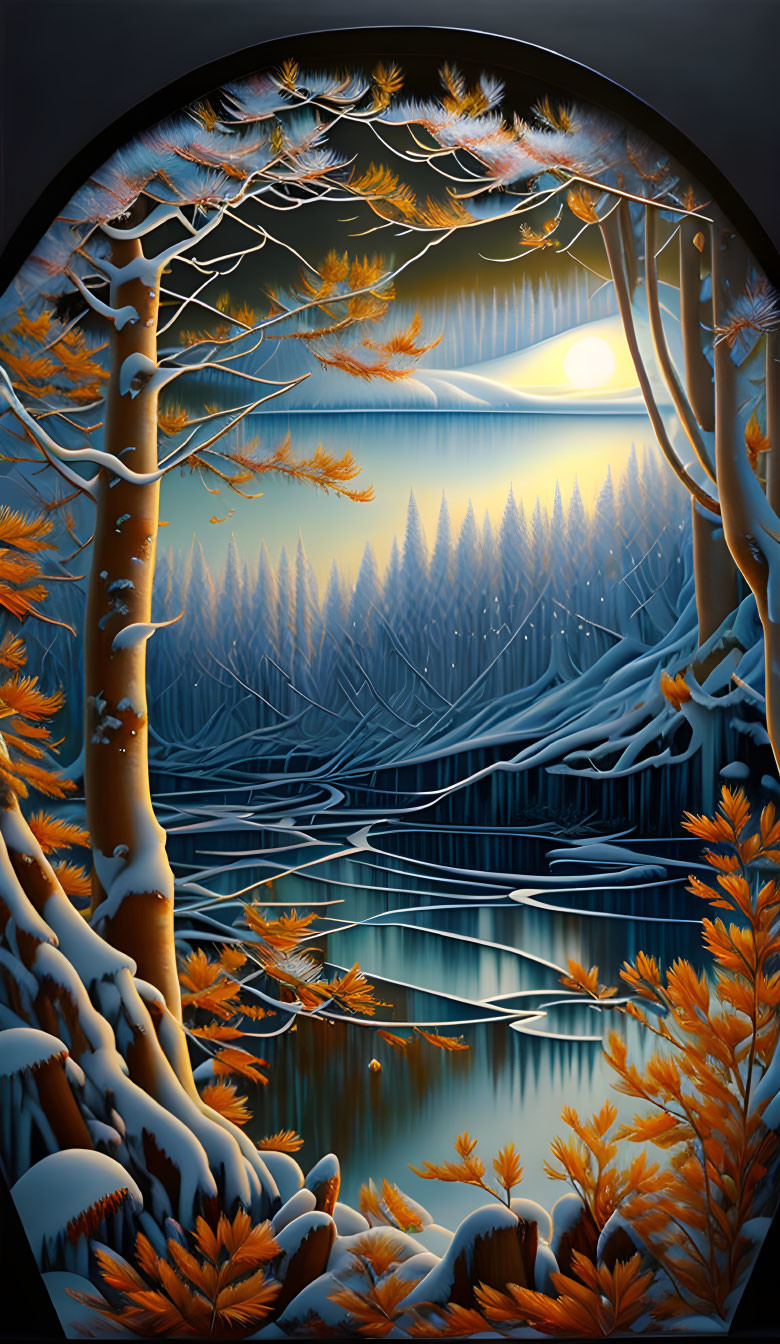 Winter Scene Artwork: Snow-covered trees, golden leaves, serene lake, setting sun in arch-fr