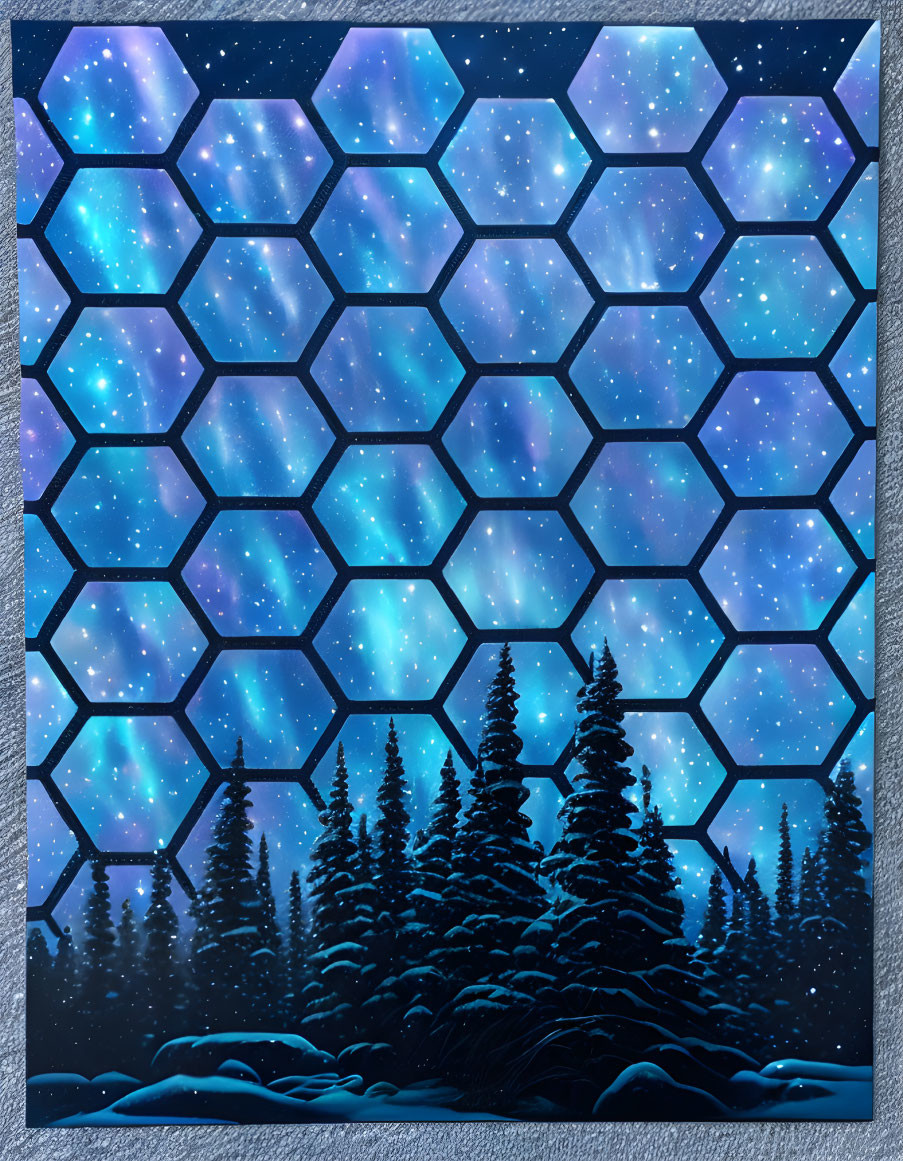 Honeycomb Pattern Over Night Sky with Pine Trees on Snowy Landscape