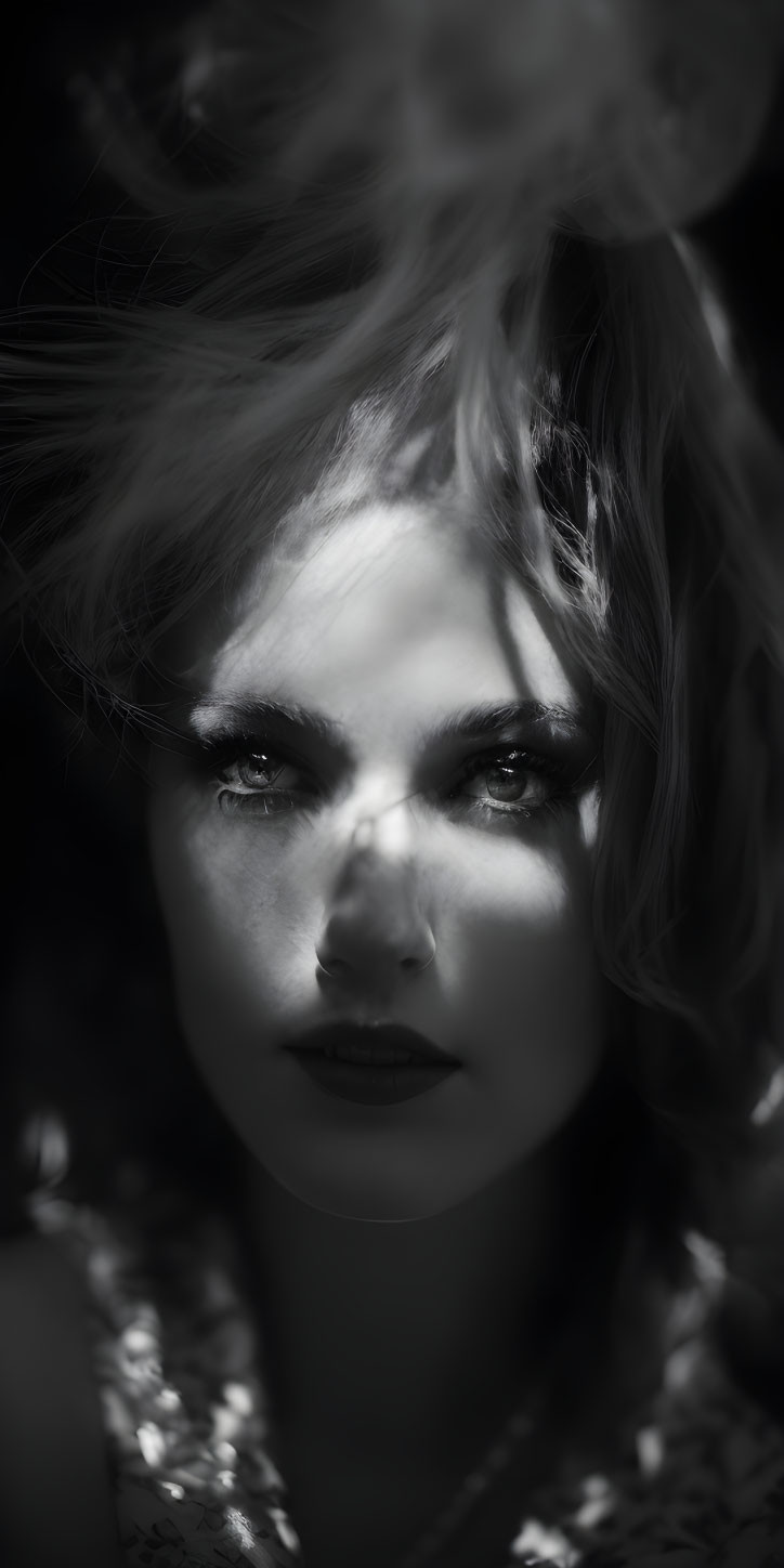 Intense gaze monochrome portrait with dramatic lighting and wind-blown hair