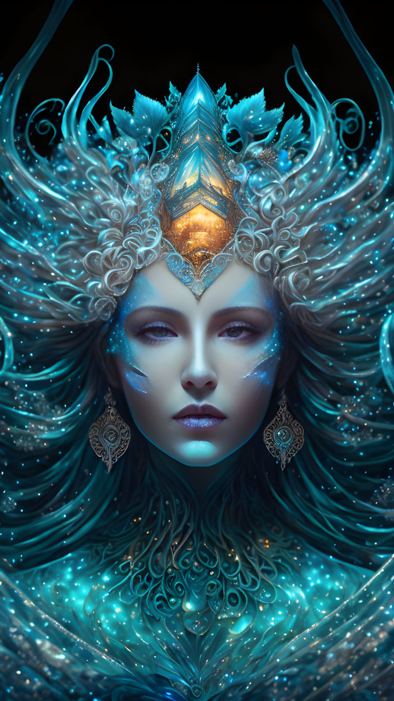 Fantasy digital art portrait of a woman with ice-themed headgear and swirling blue patterns