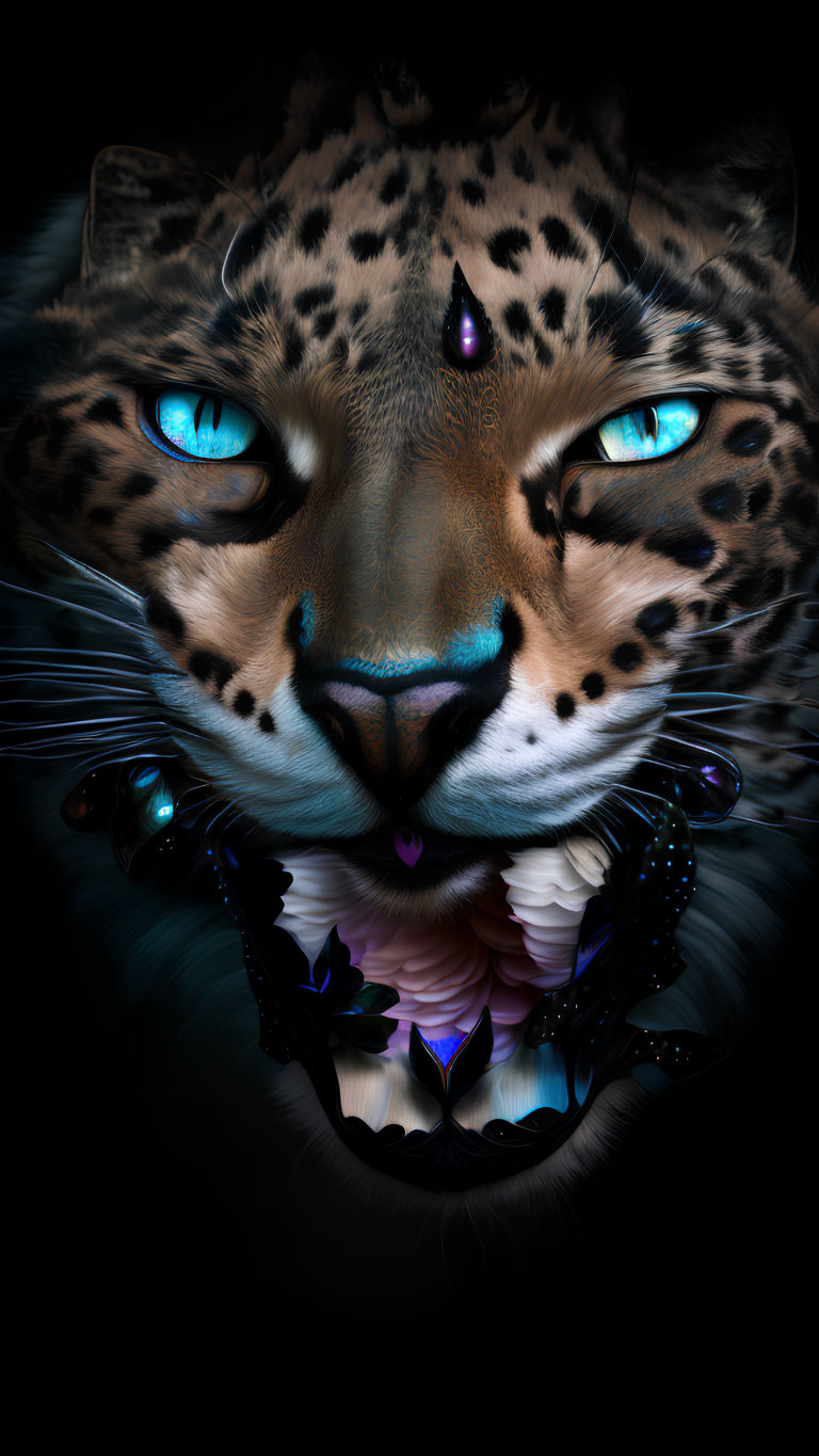 Digital art: Leopard with blue eyes in shadows with luminescent blue ornaments