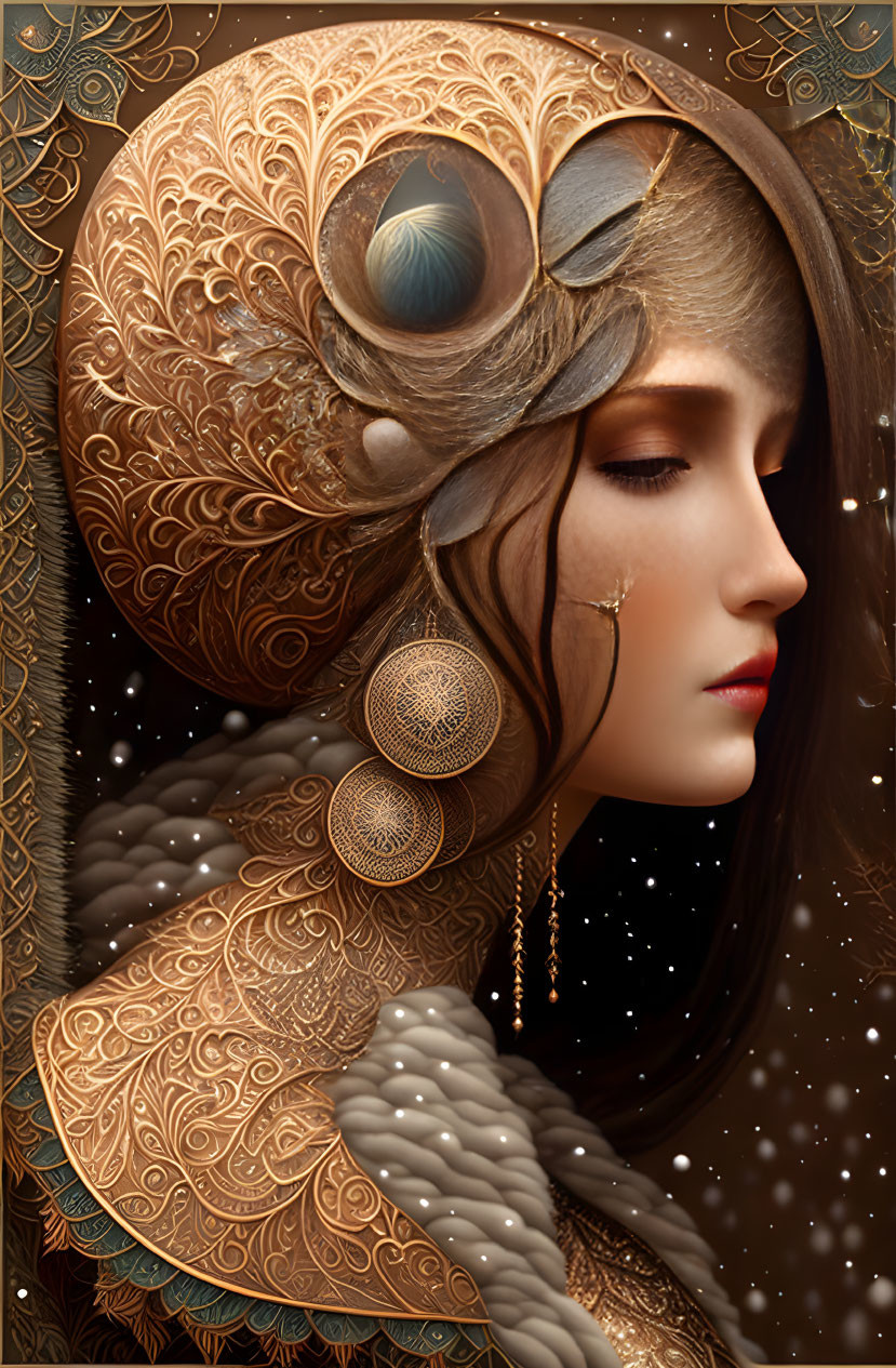 Detailed Portrait of Woman with Golden Headdress and Starry Background