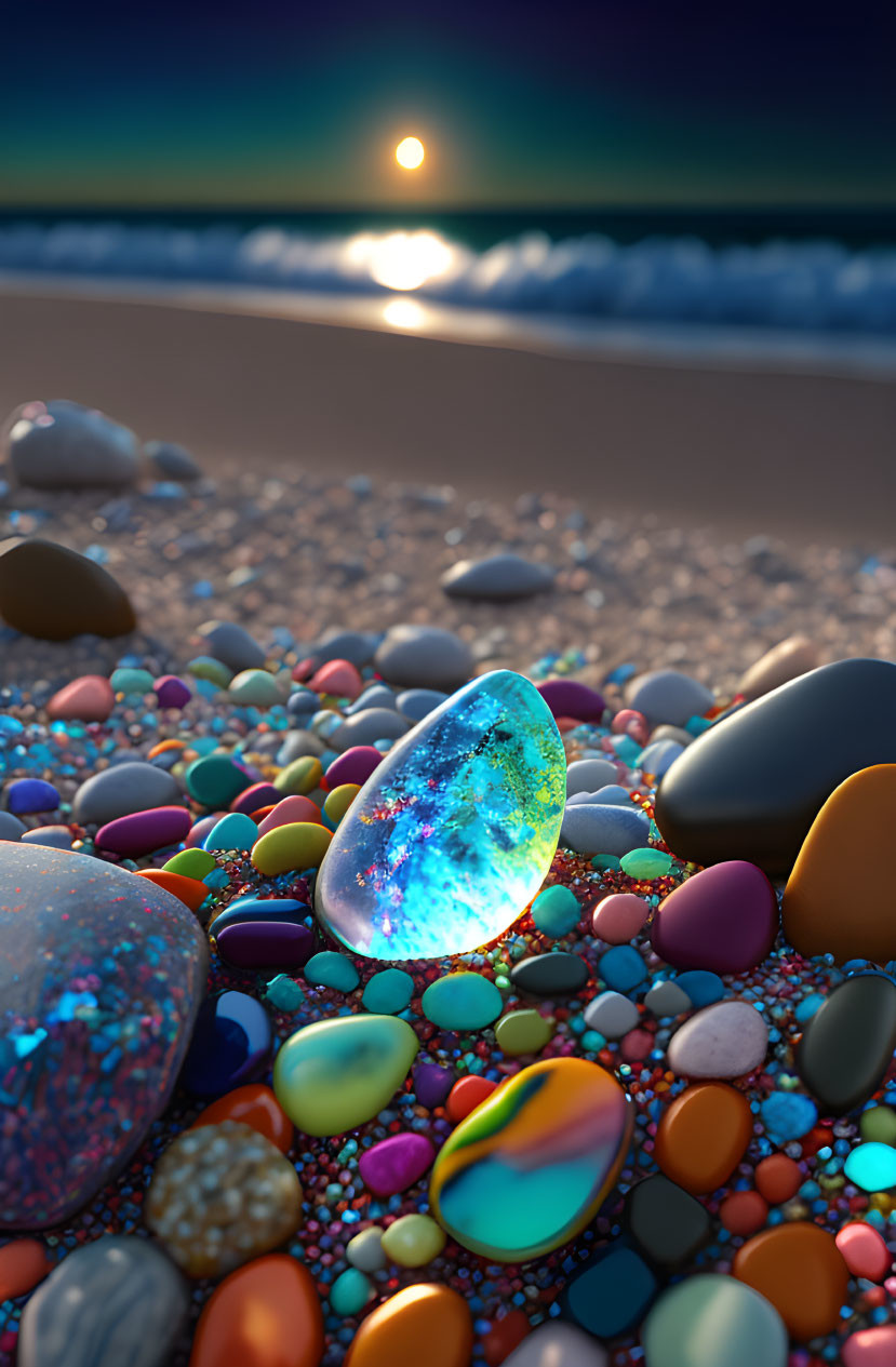 Colorful Glowing Pebble Stands Out on Beach at Sunset