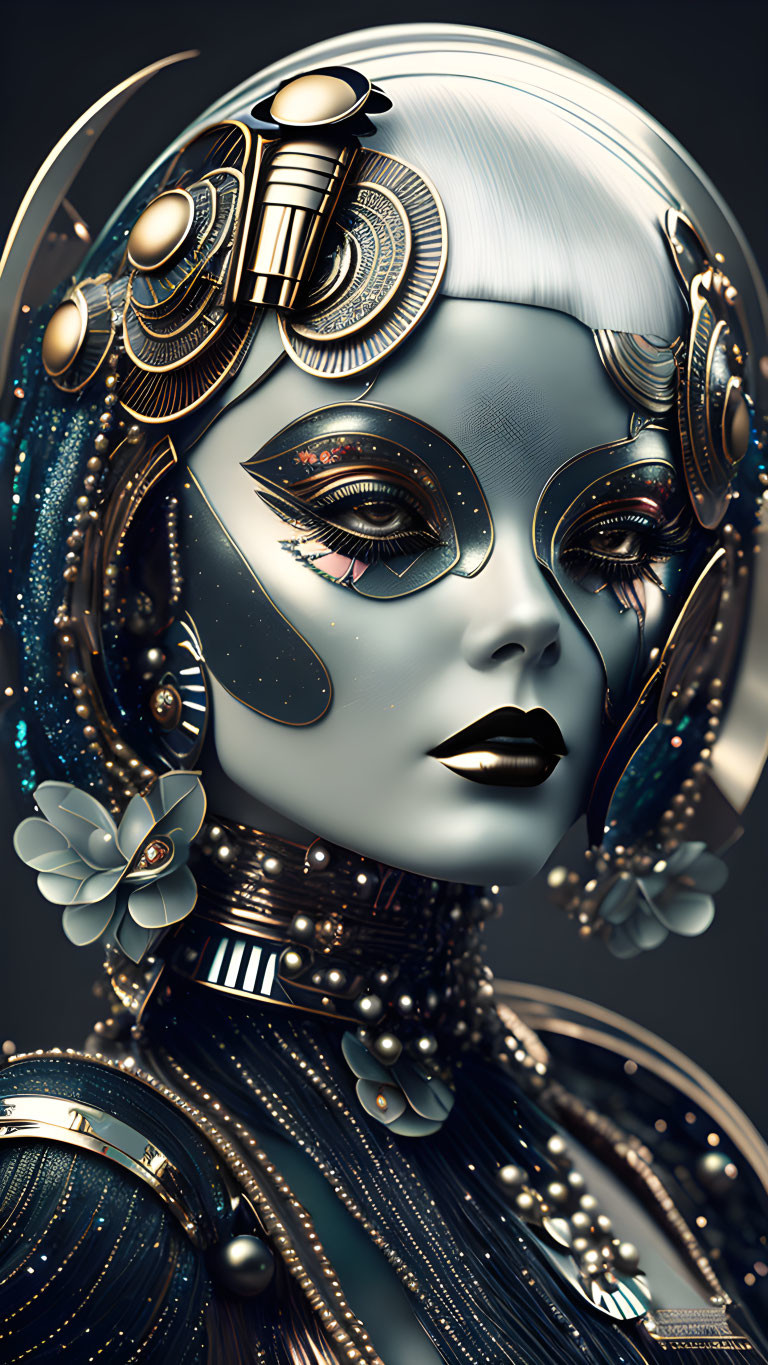 Detailed Female Robotic Face with Gold and Black Designs