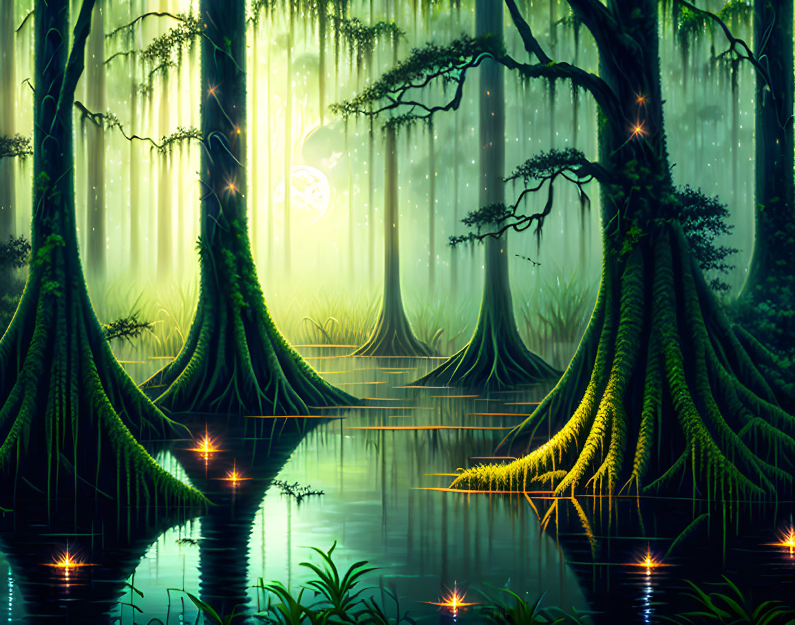 Luminous night-time swamp with mystical ambiance