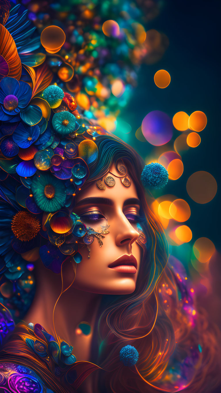 Vibrant floral patterns on woman in digital art piece