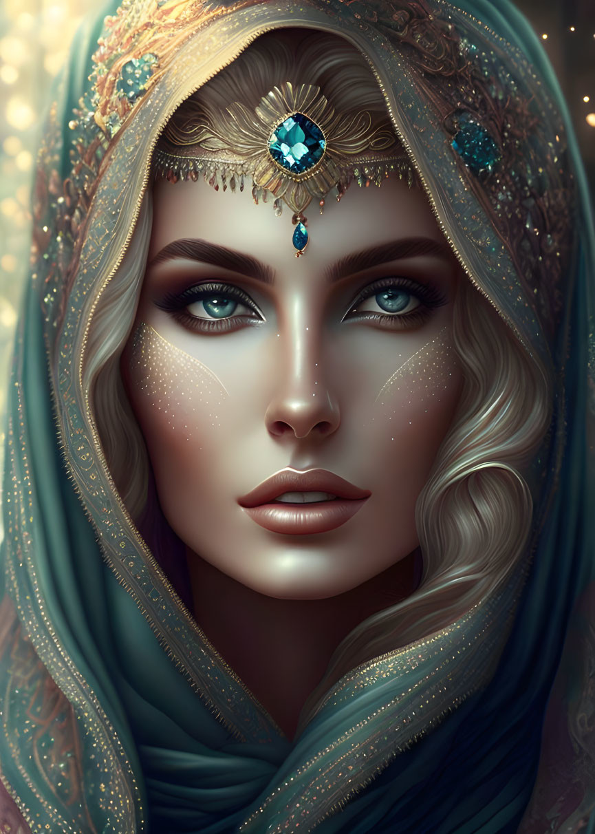 Woman with Striking Blue Eyes and Golden Headpiece in Teal Scarf