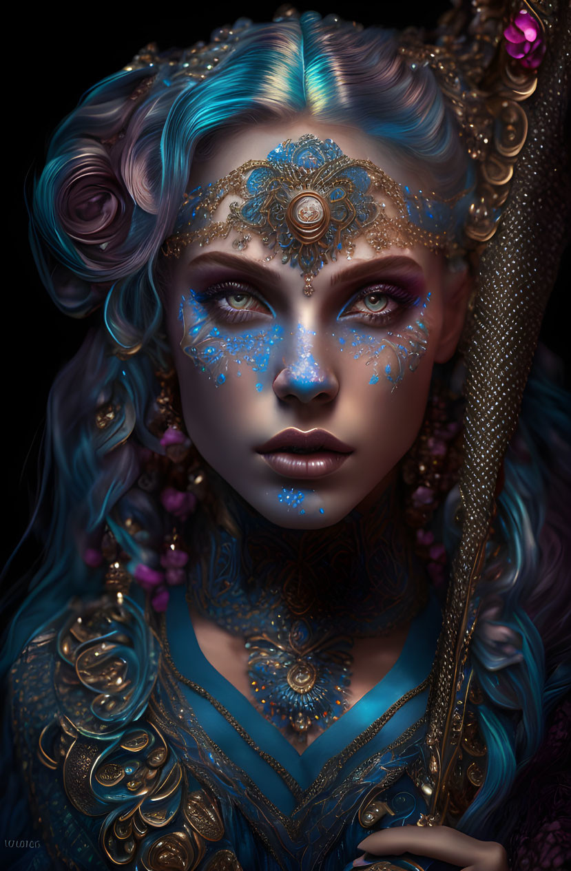 Digital portrait: Woman with blue hair, gold jewelry, blue face makeup