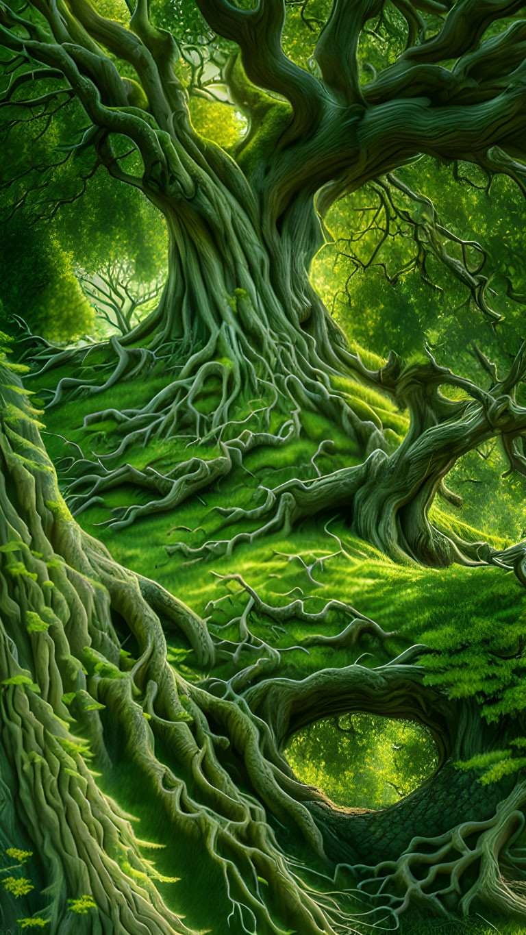 Mystical green forest with twisted, gnarled trees