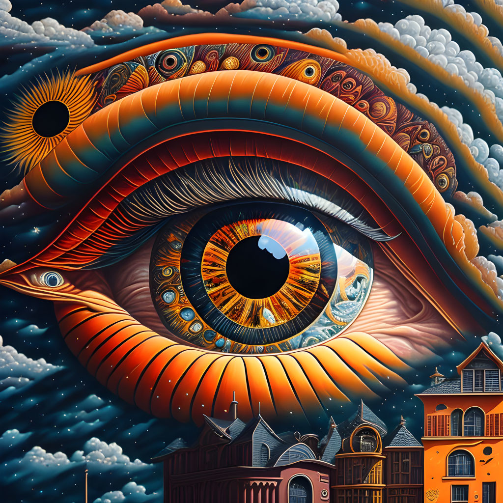 Illustration of giant eye with multiple eyelids in night sky with clouds and small buildings