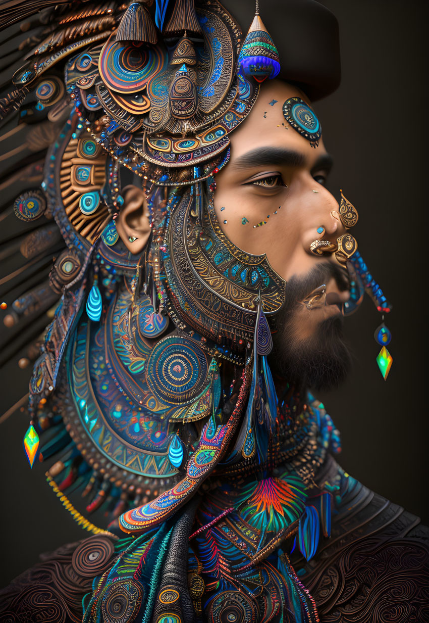 Vibrant digital artwork of a man in tribal jewelry and headdress