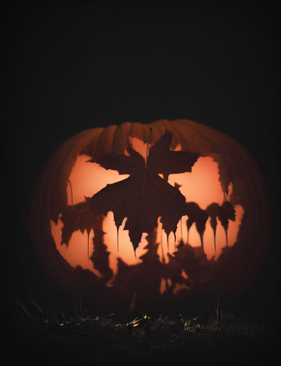 Carved pumpkin with spider silhouette on leaf for Halloween.