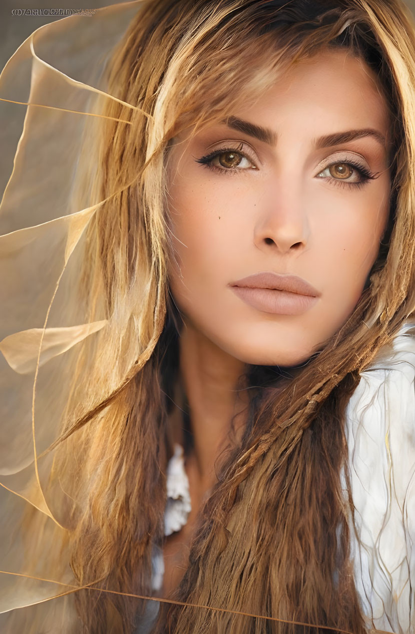 Close-up portrait of woman with long light brown hair and hazel eyes framed by golden leaves