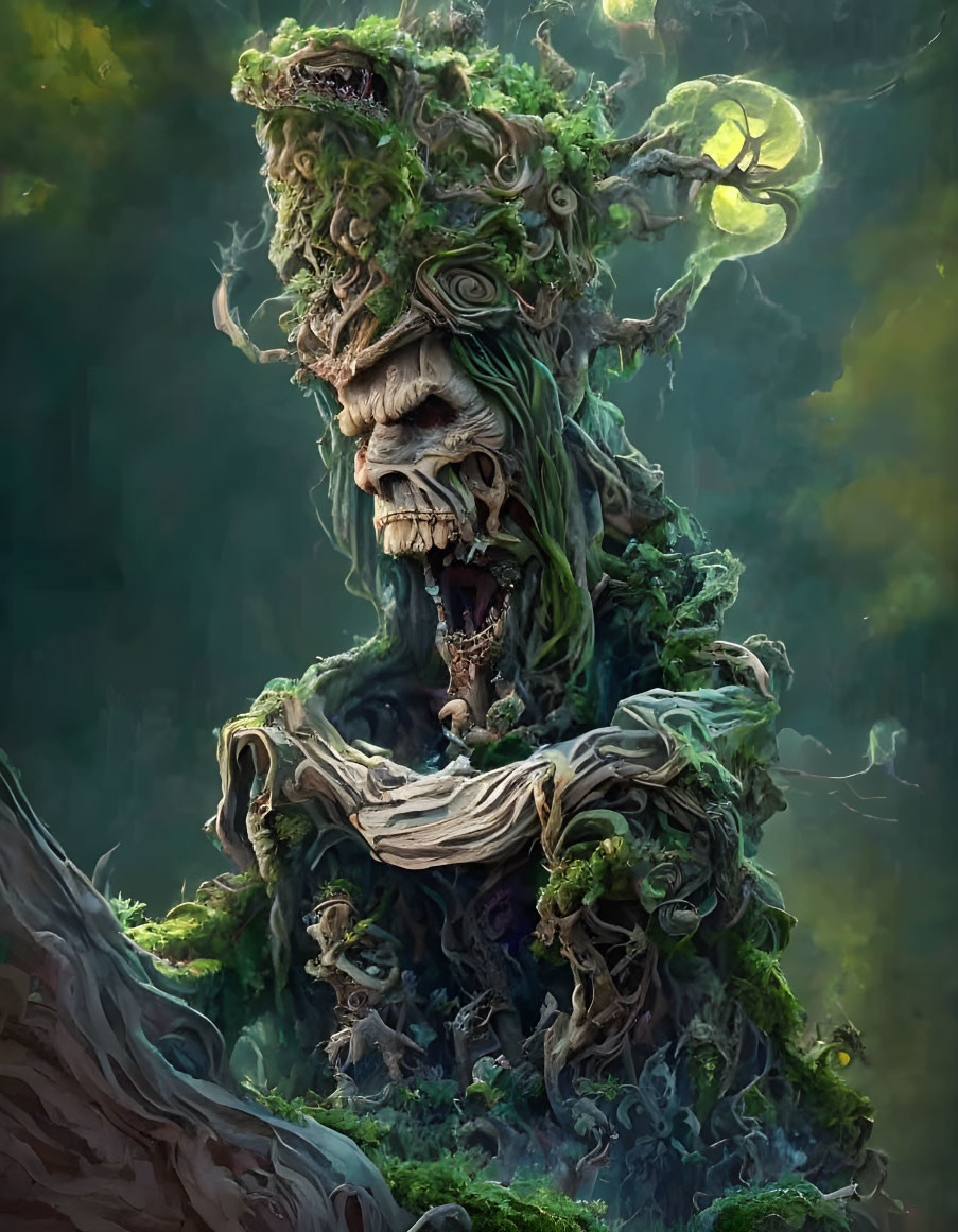 Detailed fantasy illustration of mystical tree-like entity with greenery-covered face.