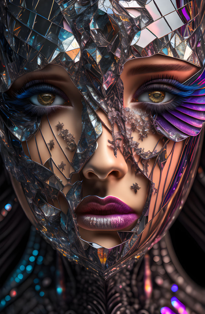 Fragmented Glass Overlay on Female Face with Multicolored Reflections