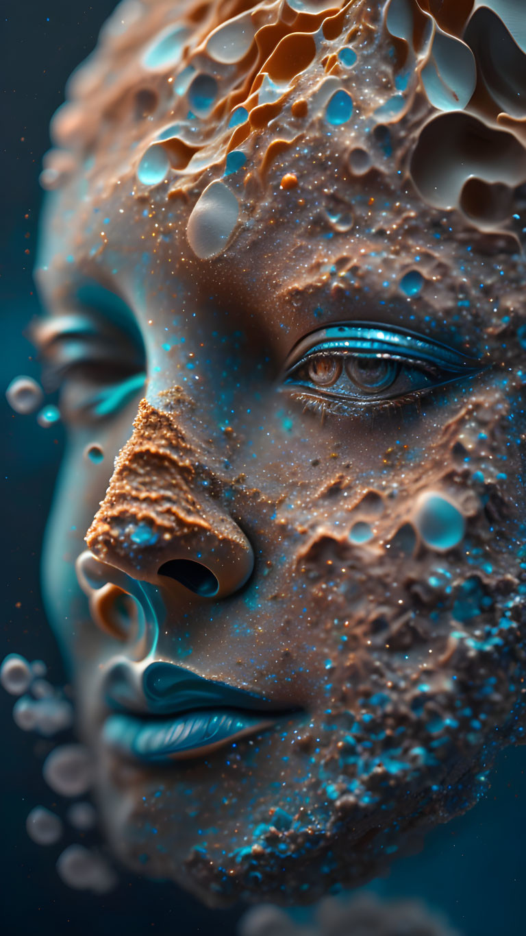 Surreal portrait featuring honeycomb structures, viscous liquid, and deep blue eyes