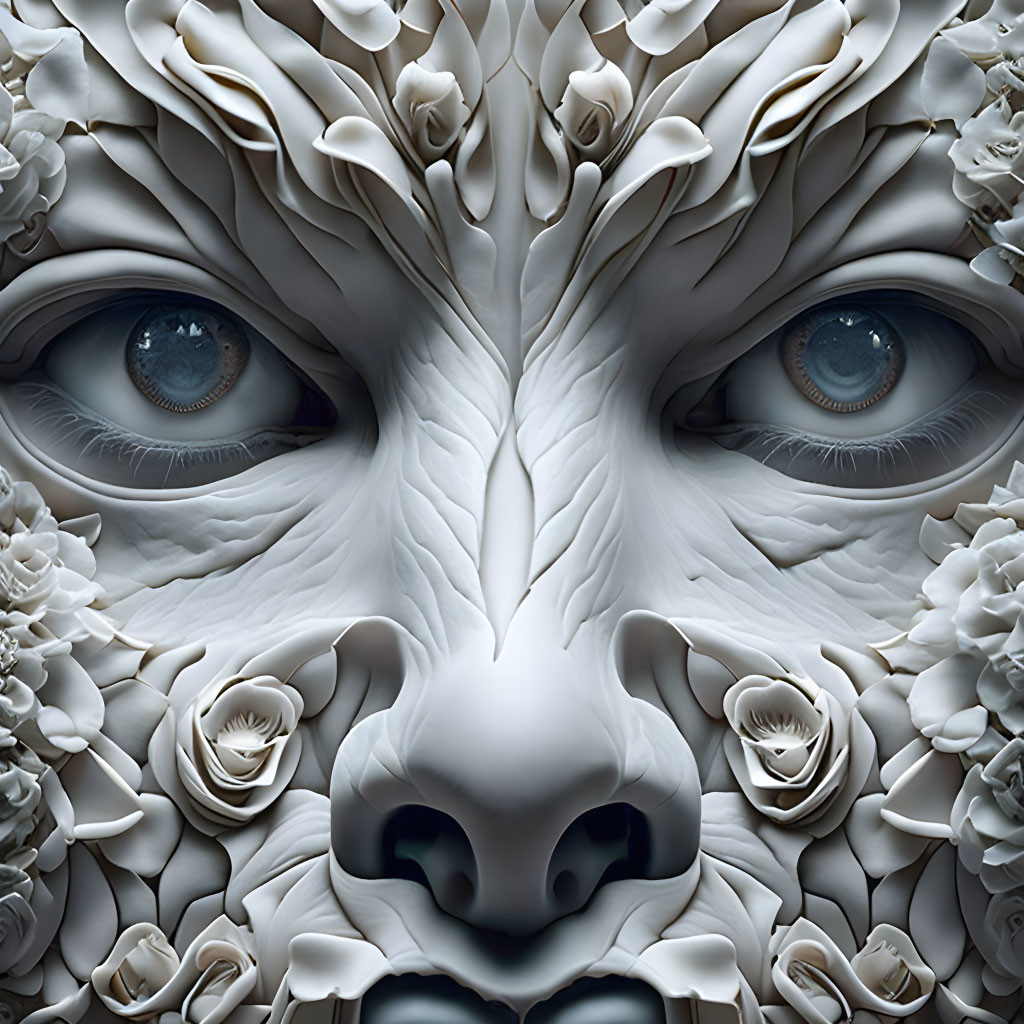 Detailed Illustration of Intense Blue Eyes in Symmetrical White Floral & Lion Motifs