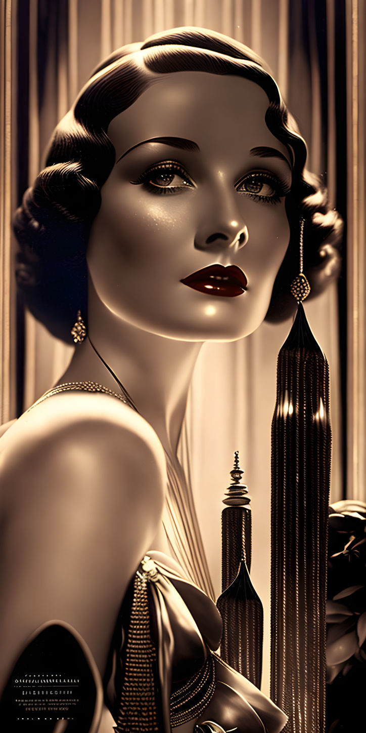 Sepia-Toned Illustration: Elegant 1930s-Style Woman with Skyscraper Back