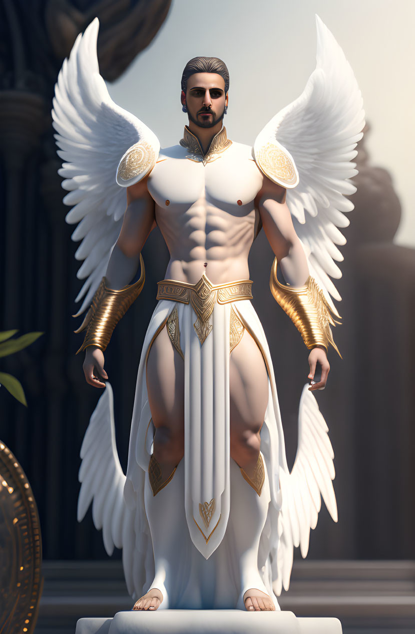 Male Figure with White Wings and Gold Accents in Robe