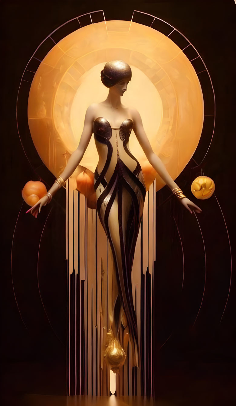 Art Deco style sculpture of elongated female figure in black dress amid geometric shapes and glowing halo.