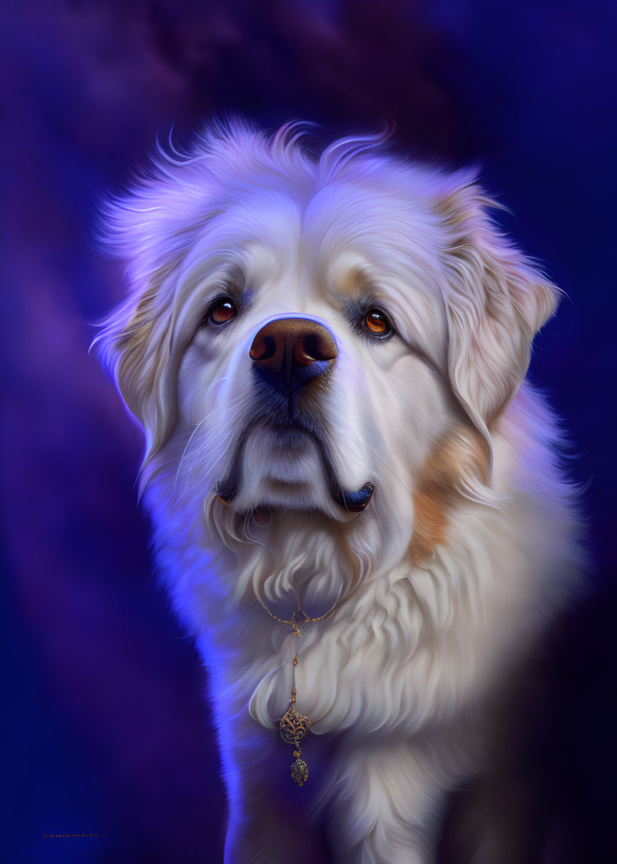 Fluffy white and tan dog portrait with jeweled pendant on dark blue background