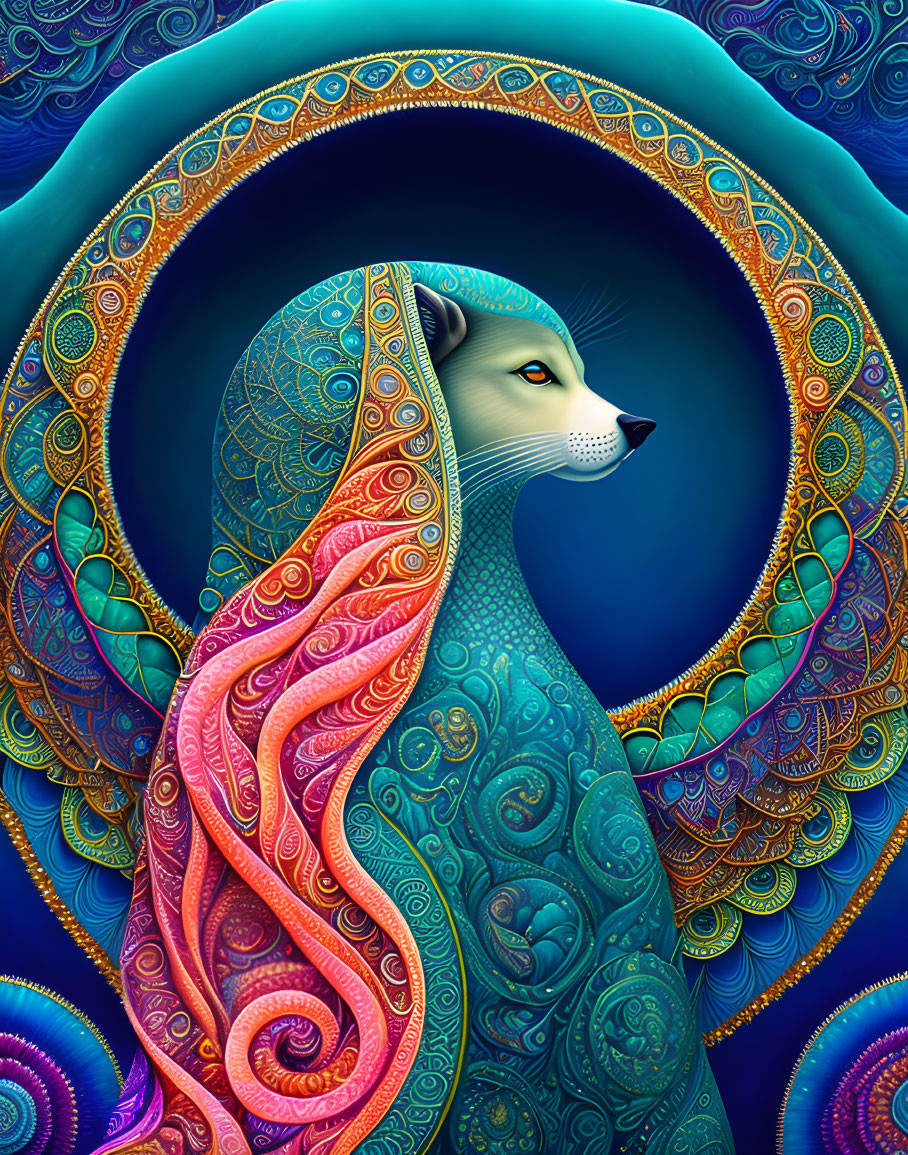 Colorful Stylized Cat Art with Intricate Patterns on Blue Background