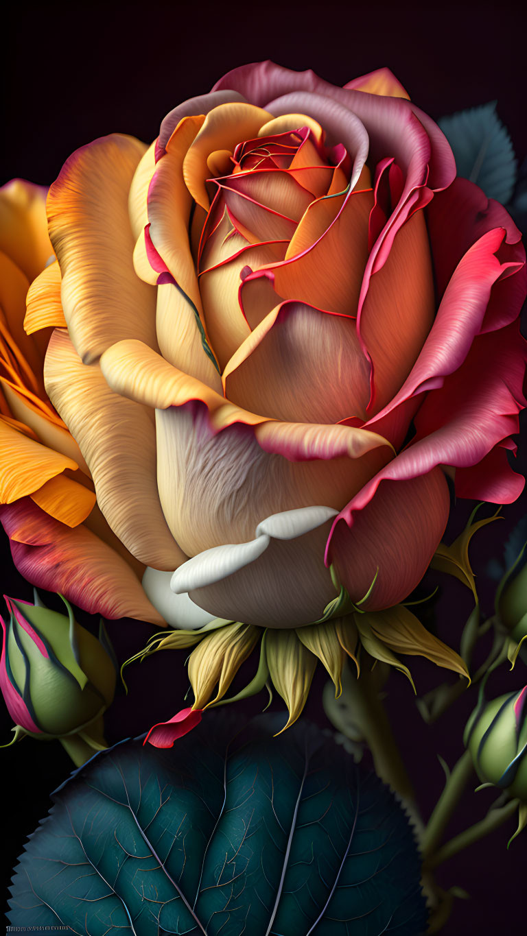 Detailed multicolored rose art with orange, red, cream petals.