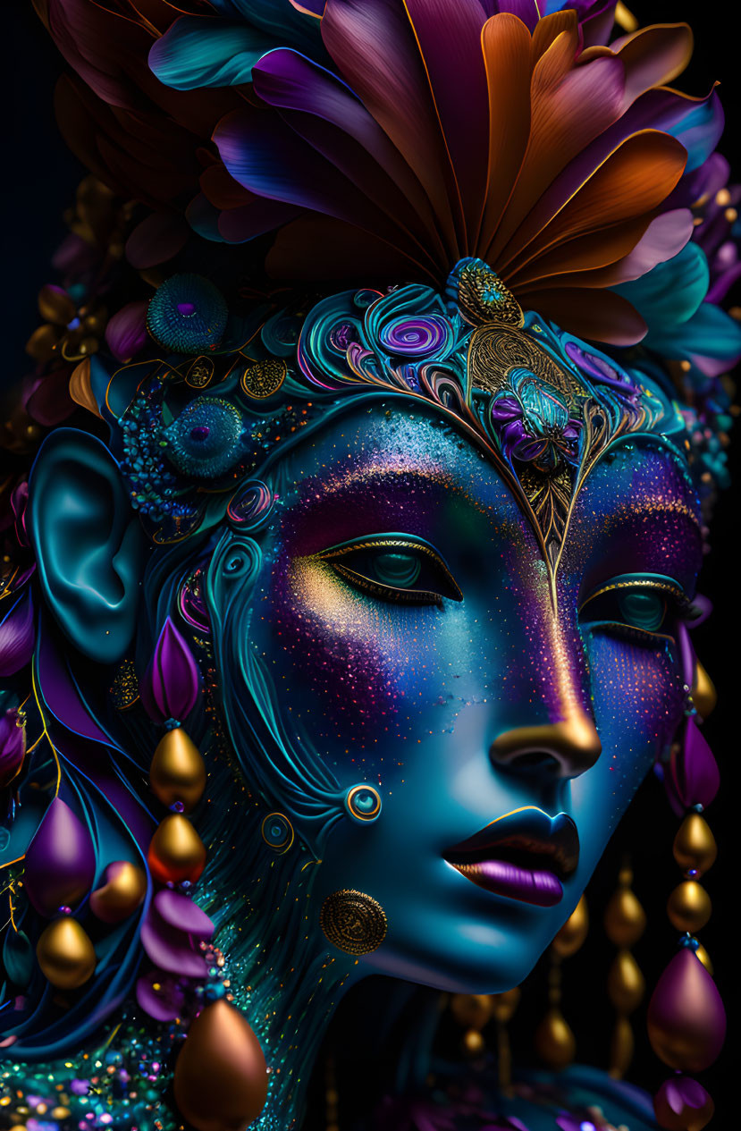 Colorful digital artwork: Female figure with blue skin, gold jewelry, and floral headdress