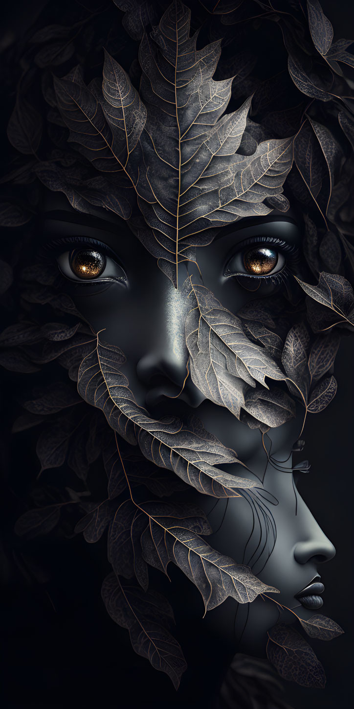 Portrait of Face Partially Obscured by Dark Leaves with Golden Eyes