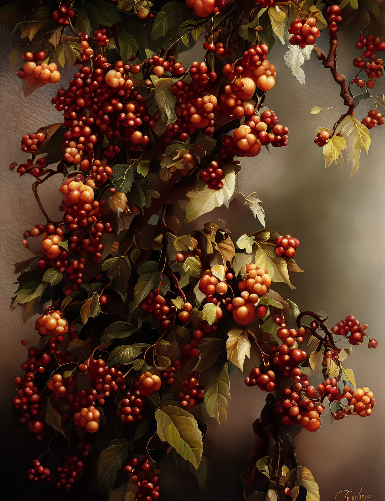 Vibrant red-orange berries on lush green branch against brown backdrop