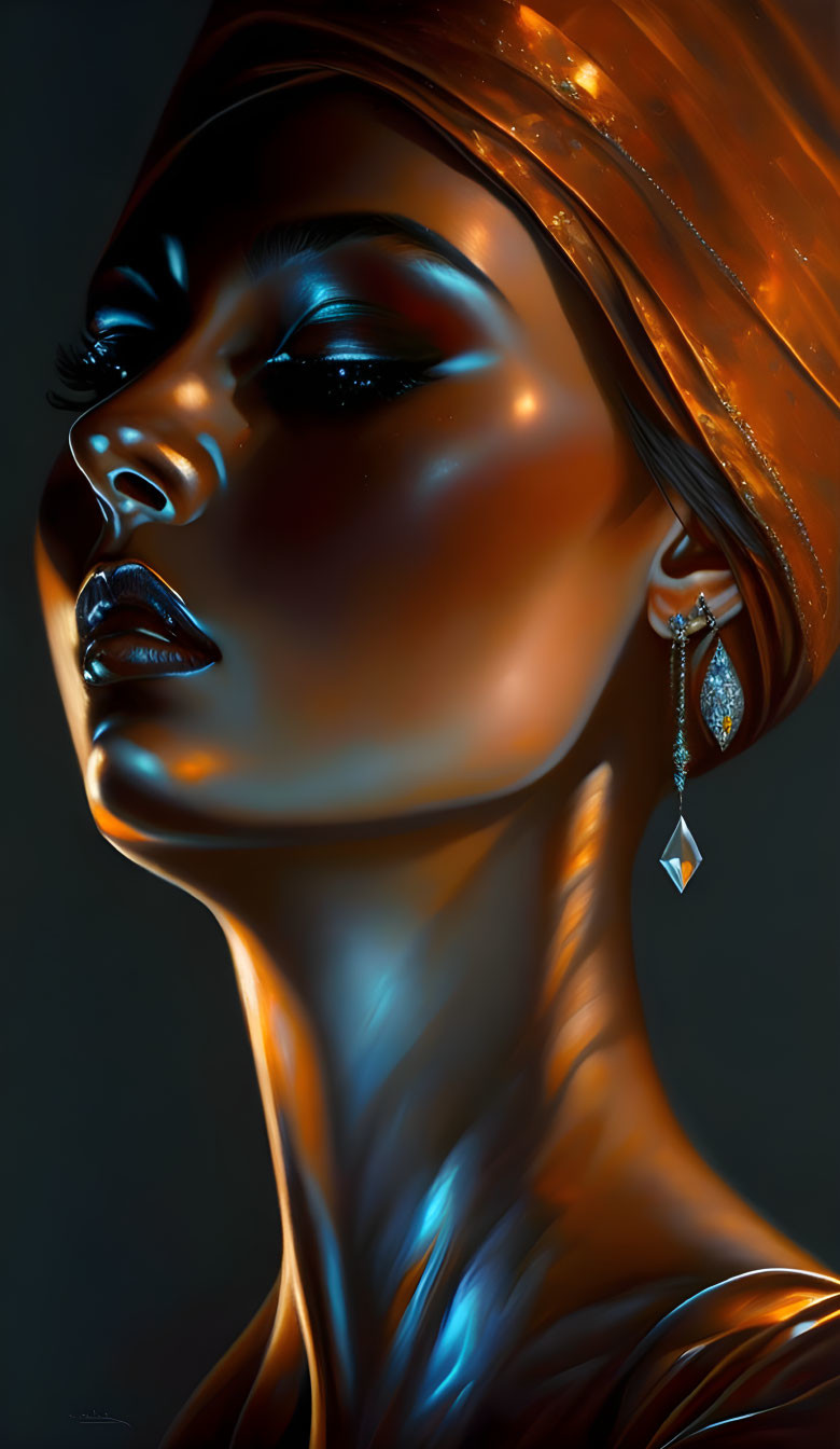 Digital portrait of woman with metallic skin and turban in profile view.