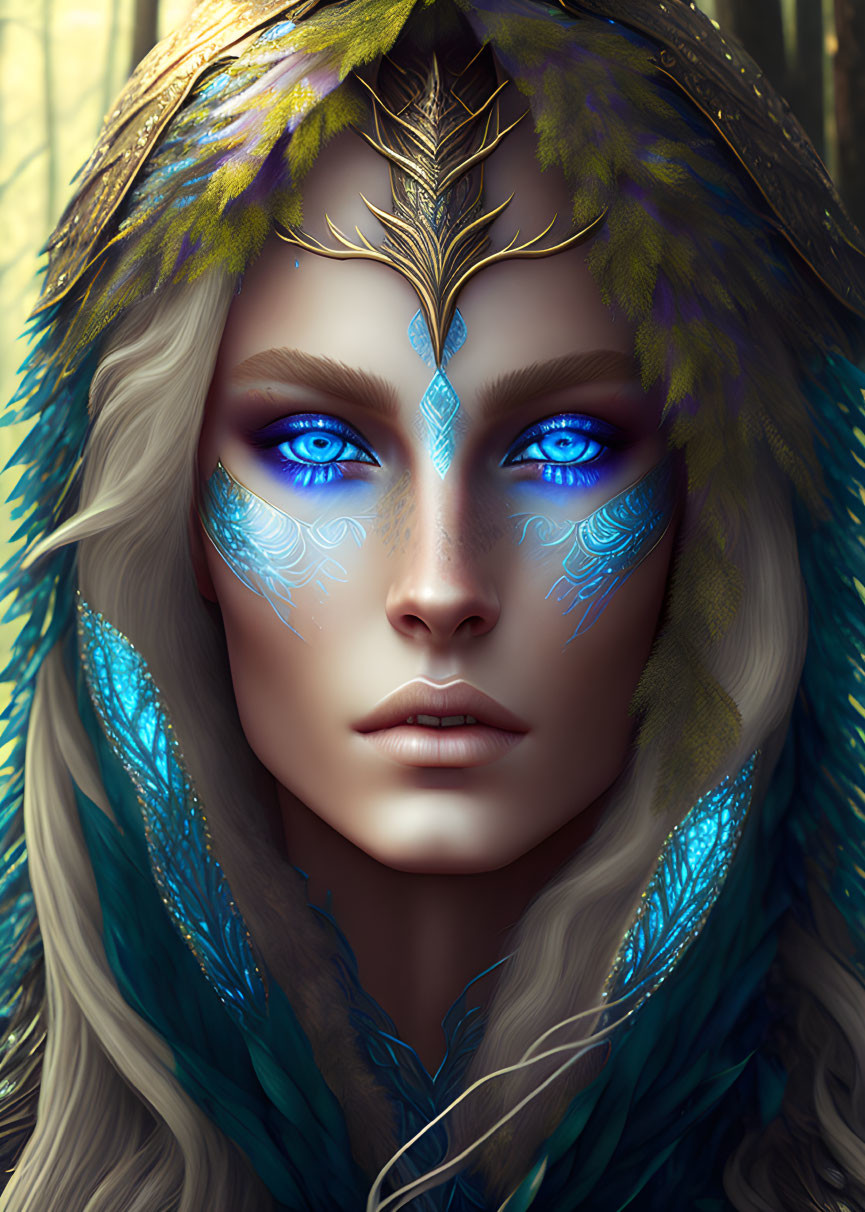 Fantasy illustration of a person with blue eyes and leaf-like markings.