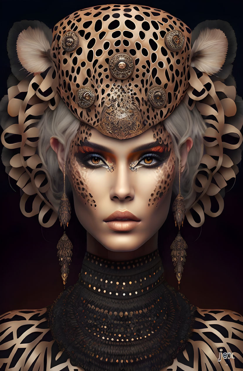 Digital Art: Woman with Leopard-Themed Makeup and Headdress