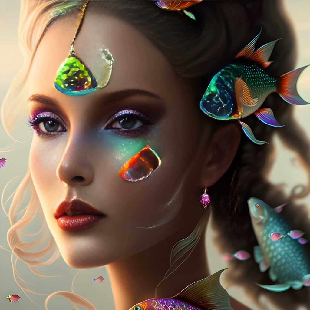 Colorful makeup and gemstones on woman with fantastical fish.